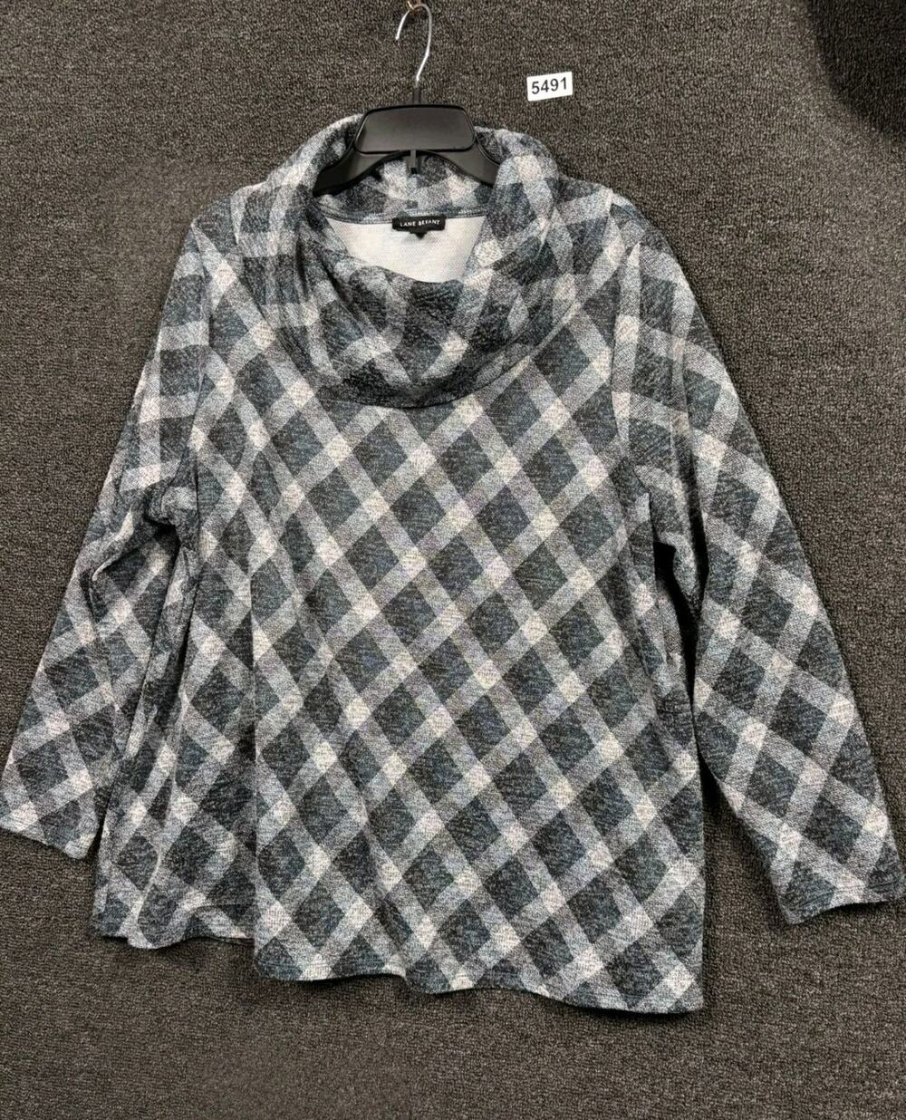 Lane Bryant Womens Shirt 18/20 Blue Gray Diamond Print Cowl Neck Long Sleeve